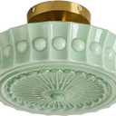 FCTWAKS Schoolhouse Ceiling Light Fixture, 13.8" Green Milk Glass Semi Flush Mount Mid Century Vintage Ceiling Light for Bedroom Hallway Kitchen, E26 Base Bulb Included