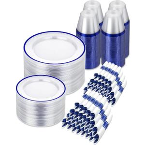 700PCS Clear Blue Disposable Plastic Dinnerware Set for 100 Guests, 200 Plastic Plates, 100 Cups, 100 Pre-Rolled Napkins with Cutlery for Party, Birthday, Christmas, Wedding, Thanksgiving, Halloween