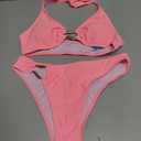 Fanuerg Women's Halter V Neck Bikini Sets Ring Linked Two Piece Swimsuit Cheeky Swim Bathing Suit 2025 (Pink, S)