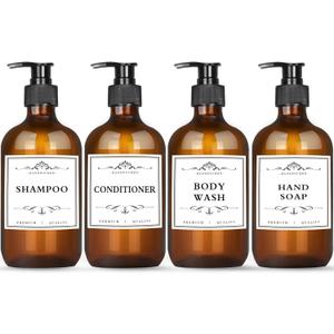 4 Pack 16.9 Oz Shampoo and Conditioner Hand Soap Dispenser Refillable Pump Bottles with Waterproof Labels (Amber)