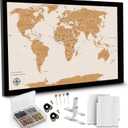 Large Push Pin World Travel Map  30" x 20" Framed Cork Board Wall Art, Modern World Map with 200 Unique Pins for Tracking Adventures, A Premium Gift for Travelers, Couples and Families