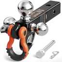 AC-DK Tri Ball Mount Trailer Hitch with Pin,Tow Hook & Clevis Shackle, Fits 2 inch Receiver with 2-5/16", 2", 1-7/8" Hitch Ball, Black