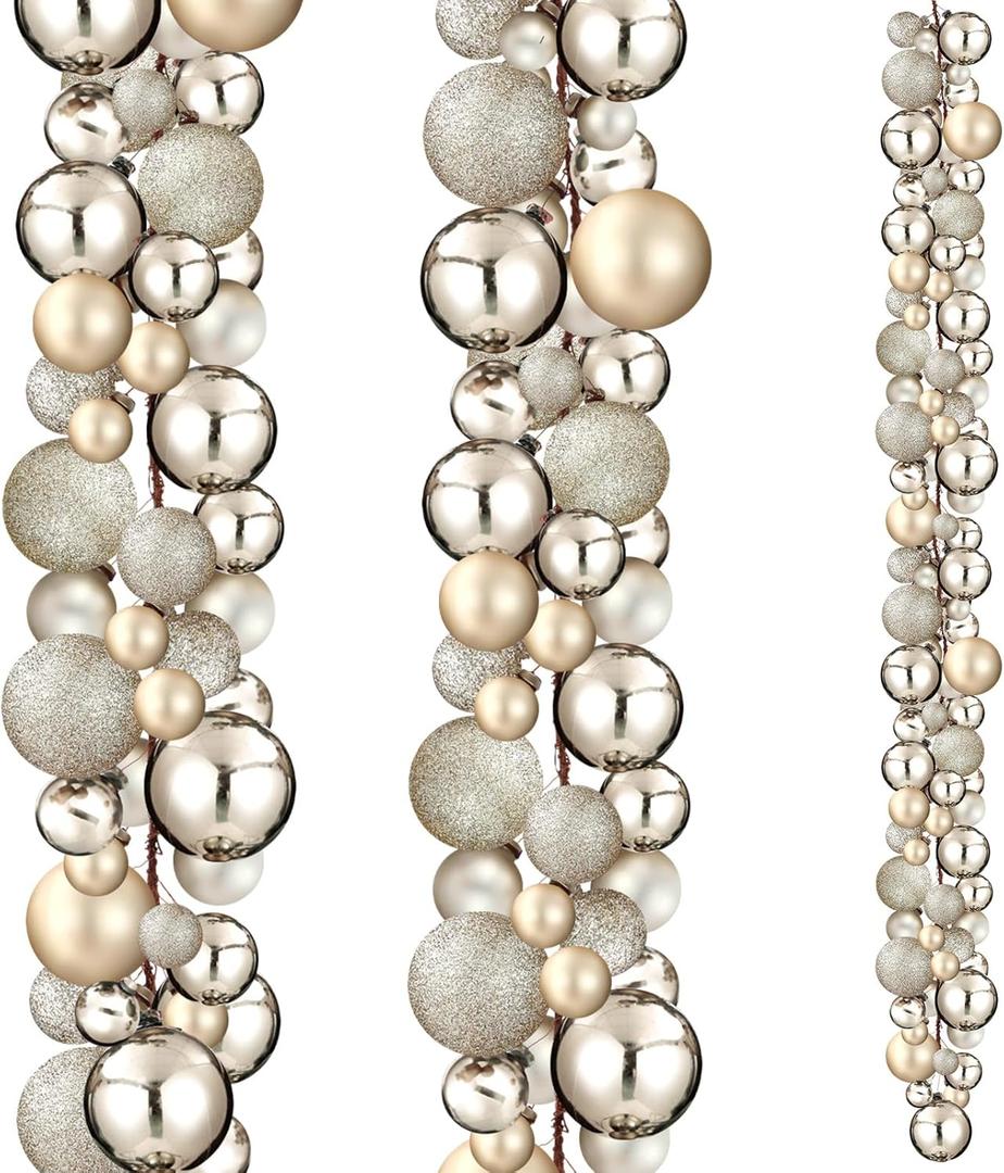 2 Pcs Christmas Ball Garland 6 ft Ball Ornaments Christmas Bulb Garland Xmas Tree Bauble Decorations for Party Supplies Indoor Outdoor Home Office Decoration Accessories(Champagne Gold)