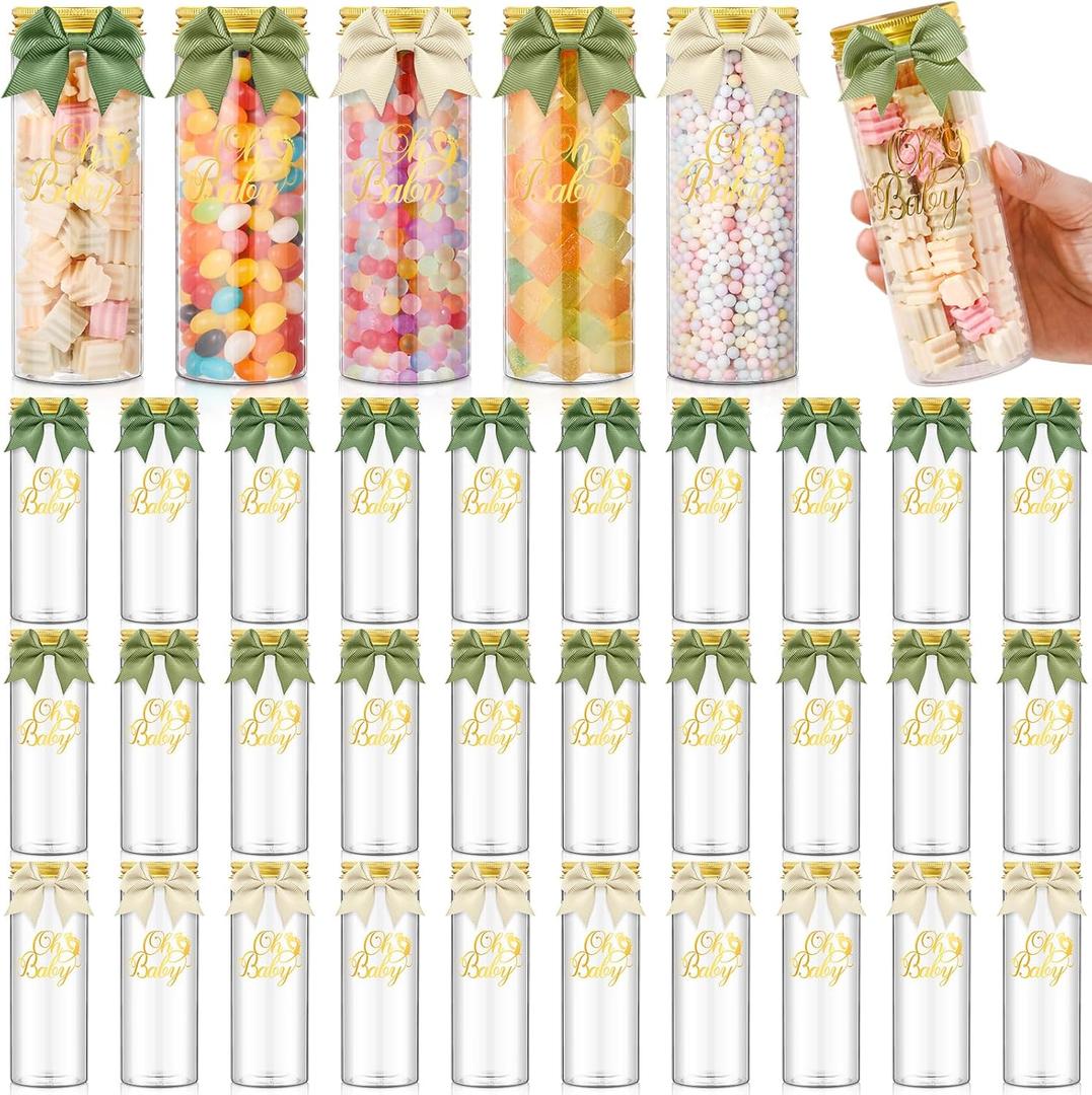 30 Sets Baby Shower Bottle Party Favors for Guests Big Plastic Candy Bottles Baby Shower Decoration with Ribbons Stickers Table Centerpiece for Baptism Gender Reveal Newborn(Sage Green)