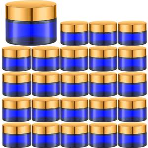 IRON BILL 1 Oz Blue Round Glass Jars with Inner Liners and Gold Lids(24PCS) Empty Cream Containers Refillable Cosmetic Vials for Cosmetics, Lotions, Ointment, Body Scrubs & Balms