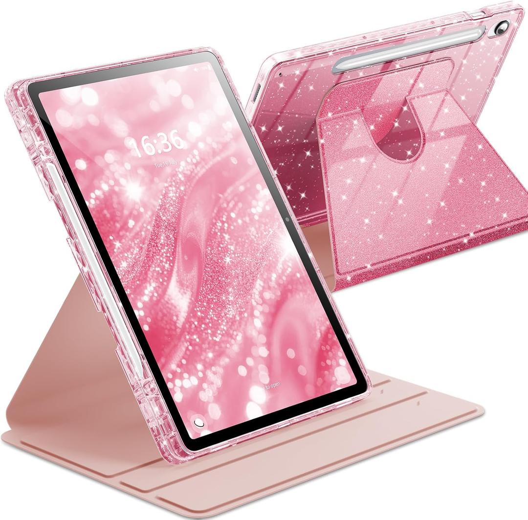 INFILAND Rotating Case for Samsung Galaxy Tab S10 Lite/ S10 FE/ S9 FE 5G 10.9 Inch/Tab S9 11 Inch 360 Cute Glitter Cover with Clear Back, S Pen Holder for Girls, Kids, Woman (Pink)