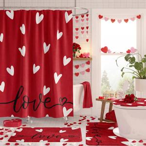 Valentines Day Shower Curtain Set for Bathroom, Red Love Heart Shape Red Bathroom Supplies for Valentines Accessories Decor Set, Non Slip Rugs Toilet Lid Cover U Shape Bath Mat and 12 Hooks (4pc)