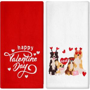 Whaline Valentine's Day Hand Towels Dog Love Heart Embroidered Cotton Bathroom Towel Absorbent Bath Towel for Hand Drying Cleaning Cooking, 29.5 x 13.7 Inch, 2Pcs