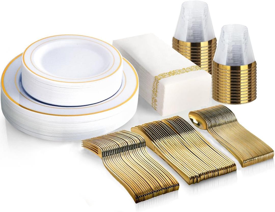 M MCIRCO 175 Piece Gold Dinnerware Set - 50 Gold Rim Plastic Plates - 25 Gold Plastic Silverware - 25 Gold Paper Napkins, 25 Guest Disposable Gold Dinnerware Set