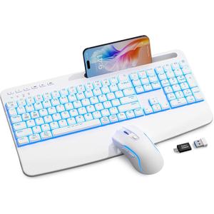 White Keyboard and Mouse Wireless Combo, 4000mAh Rechargeable Backlit Quiet Keyboards mice Set, USB Ergonomic Key Board with Wrist Rest & Phone Holder for PC, Mac, Windows, Natural Soft Typing