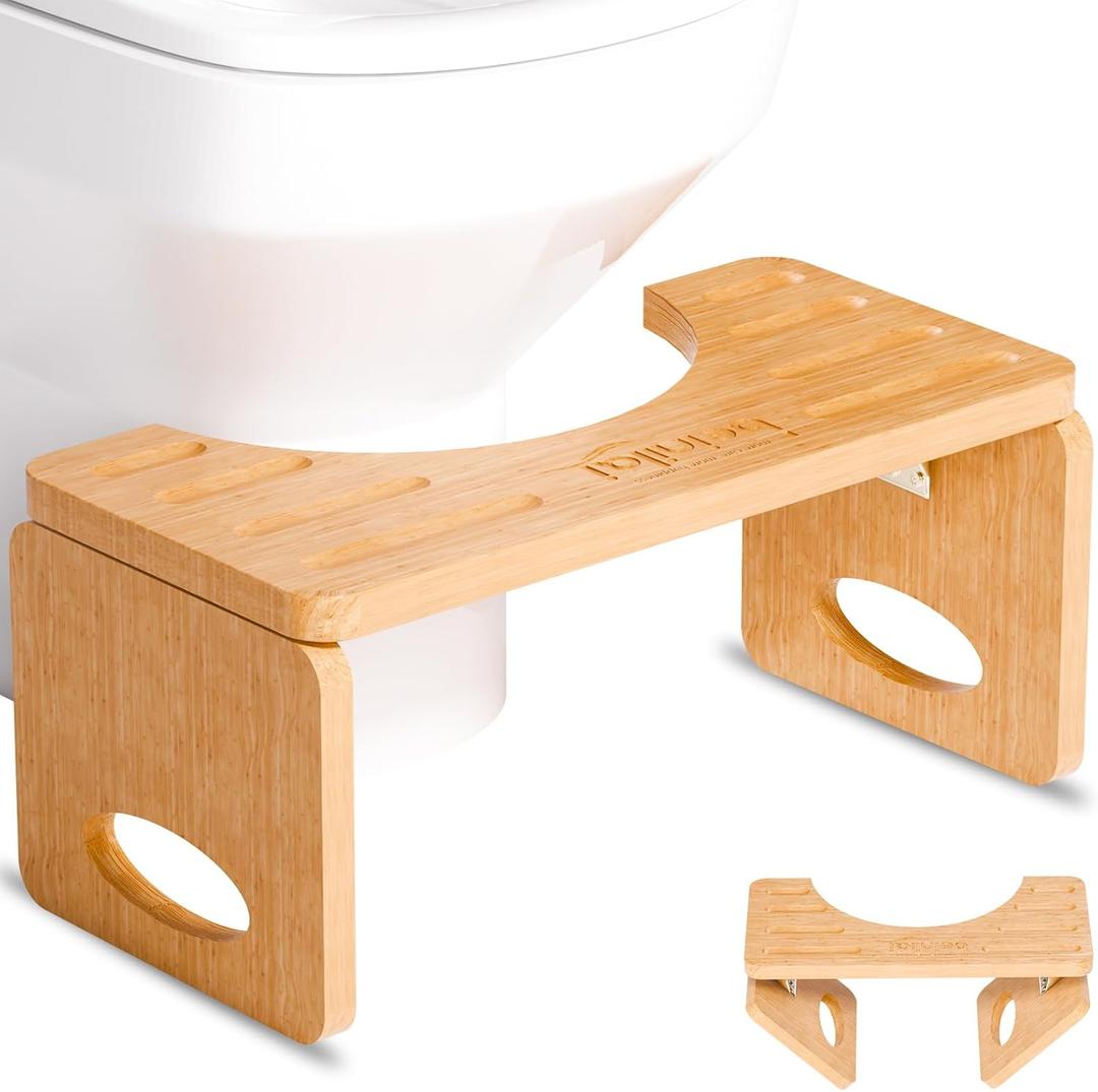 Beinilai Foldable Toilet Stool,7 Inches Poop Stool for Bathroom,Bamboo Toilet Stool Squat Adult,Potty Stool with Anti-Slip Strip (Yellow)