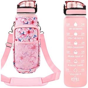 Newfad 32 oz Water Bottles with Straw & Strap, Motivational Water Bottles with Times to Drink, BPA Free Reusable Sports Water Bottle with Sleeve Carrier for Hiking, Travel, Running or Fitness