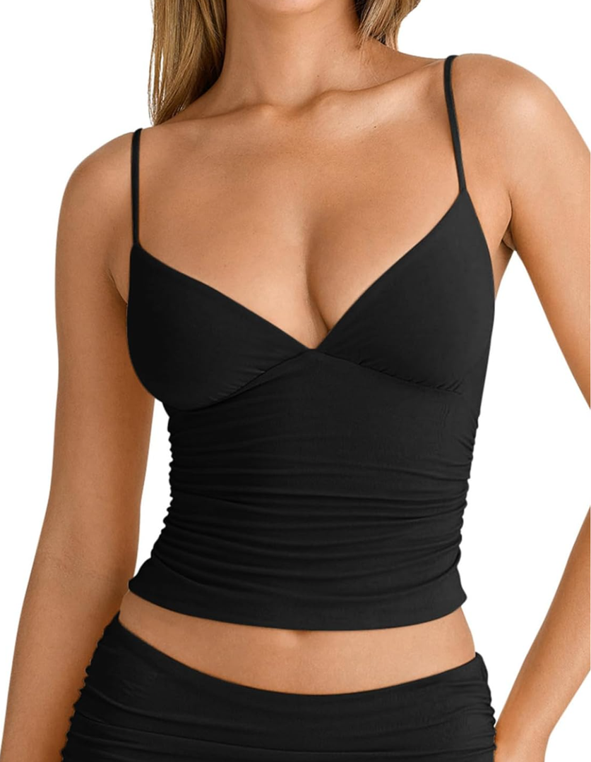 PINKMSTYLE Women's Sexy V Neck Ruched Cami Top Sleeveless Spaghetti Double Layer Fitted Crop Tank Tops Small