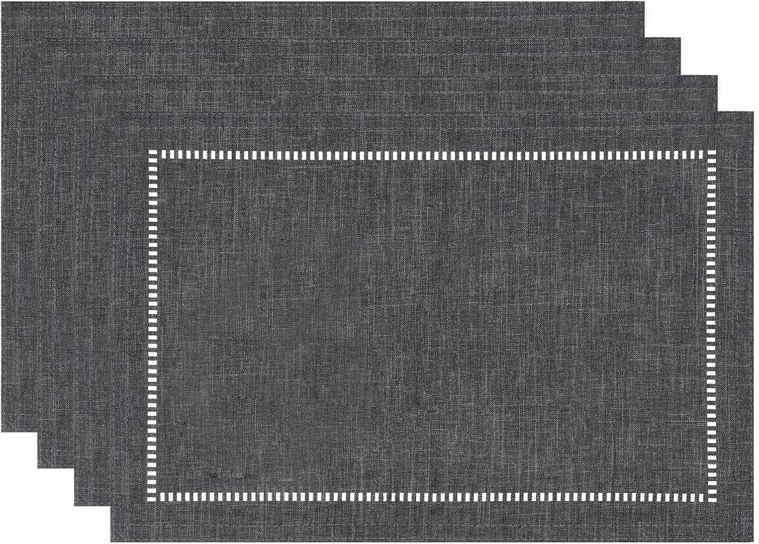 Tosewever Set of 4 Decorative Linen Placemats 12 x 18 Inches, Farmhouse Style Table Mats for Everyday Dining Wedding Party Holiday Home Decor (4 Pieces 12 x 18, Grey/Straight)