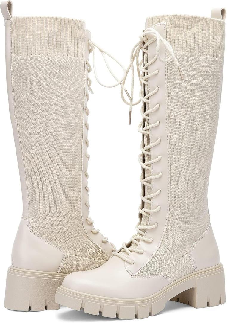 Vepose Women's 953 Knee High Combat Boots Chunky Platform Heel, Lace Up Gothic Punk Work Boots for Dresses and Jeans (Beige)