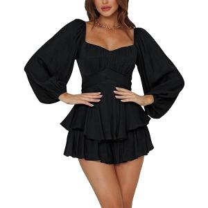 LYANER Women's Jumpsuit Lantern Long Sleeve Ruffle Layer Tie Mini Short Romper, Size XL