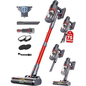 Cordless Vacuum Cleaner, 75Mins/55KPa/650W Freestanding Vacuum Cleaners for Home, with Anti-Static&Anti-Tangle Brush, LED Touch Screen, Stick Vacuum for Carpets, Pet Hair, Hardwood Floors