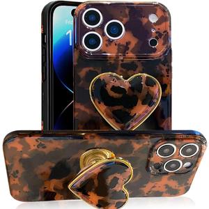 Compatible with Cute iPhone 17 Pro Max Case 6.9'', Tortoise Shell Phone Case with Brown Amber Print Leopard Heart Holder Stand Kickstand Shockproof TPU Protective Cover for Women Girls, Brown