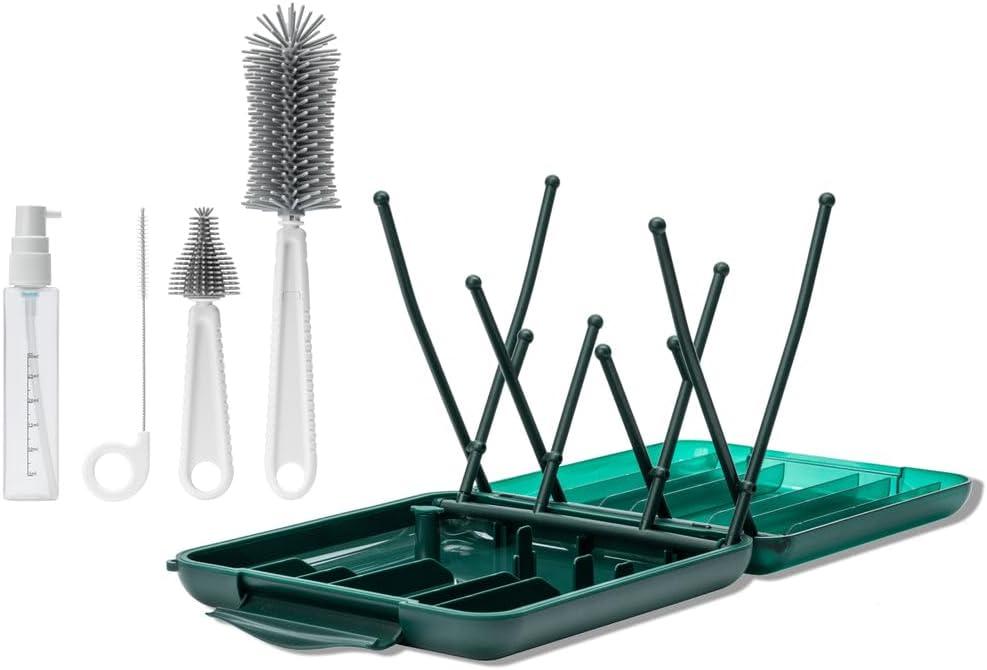 Willow Travel Cleaning Kit & Drying Rack - 5-Pack Cleaning Rack and Brushes for Breast Pump Parts and Bottles - Breastfeeding Essential (Green)