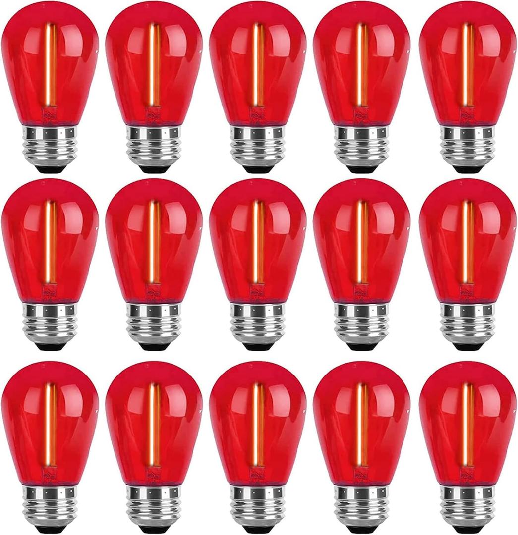15 Pcs Christmas Colored LED String Light Bulbs Plastic Waterproof S14 Replacement Bulbs E26 Base 1 Watt LED Bulb for Indoor Outdoor String Lights Christmas Decoration(Red)