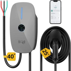 Level 2 EV Charger 48 Amp - J1772 Charger with APP Control, Round Screen Display, Hardwired Installation, WiFi Enabled, 25ft Cable, Indoor/Outdoor, 240V Electric Vehicle Charging Station Grey