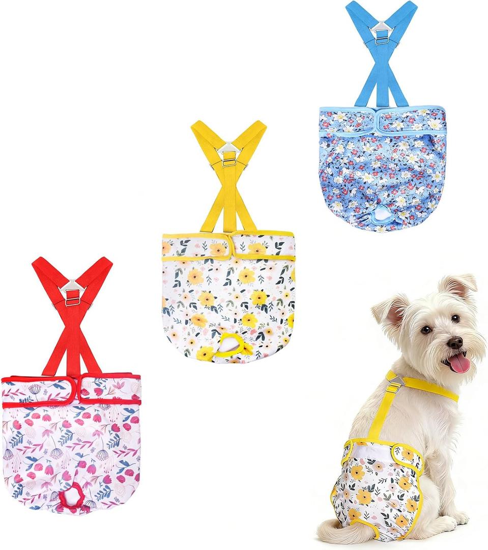 Female Dog Diapers 3 Pack Washable Dog Diapers Female Dog Diaper that Stay on Dog Diaper Female with Suspenders Reusable Doggie Diapers for Incontinence and Puppy Training(XS for Puppies)