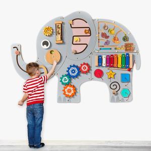 Large Elephant Wooden Activity Wall Panel Christmas Gift Educational Montessori Toy for Toddler Kids Interactive Sensory Activity Busy Board Daycare Learning Center Toddler Room Decor