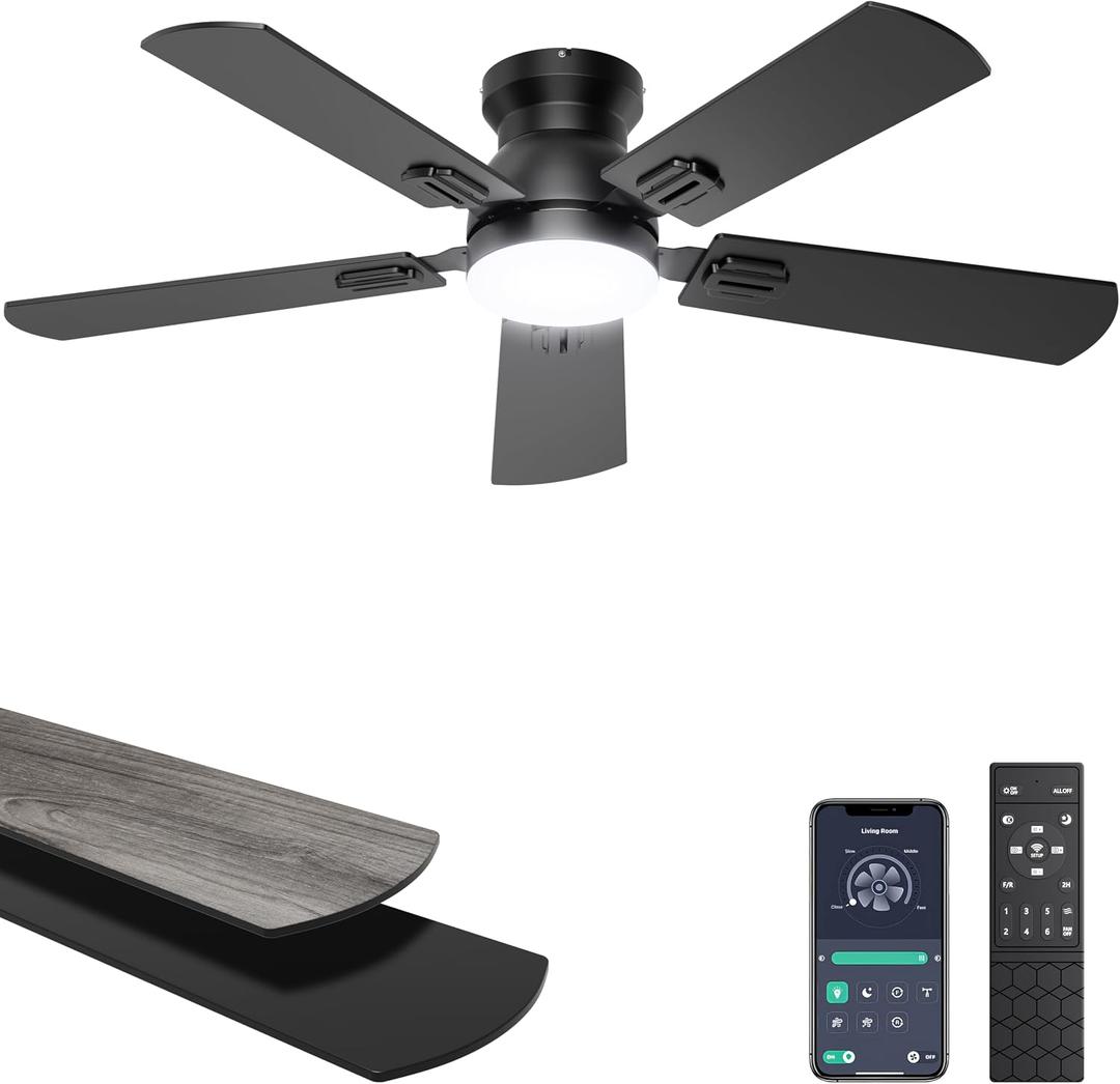 Ohniyou Ceiling Fans with Lights, 42 Inch Low Profile Ceiling Fan with Light and Remote/APP Control, Flush Mount, Dimmable, Qiuet DC Motor, Black Small Indoor Ceiling Fan for Bedroom, Kitchen
