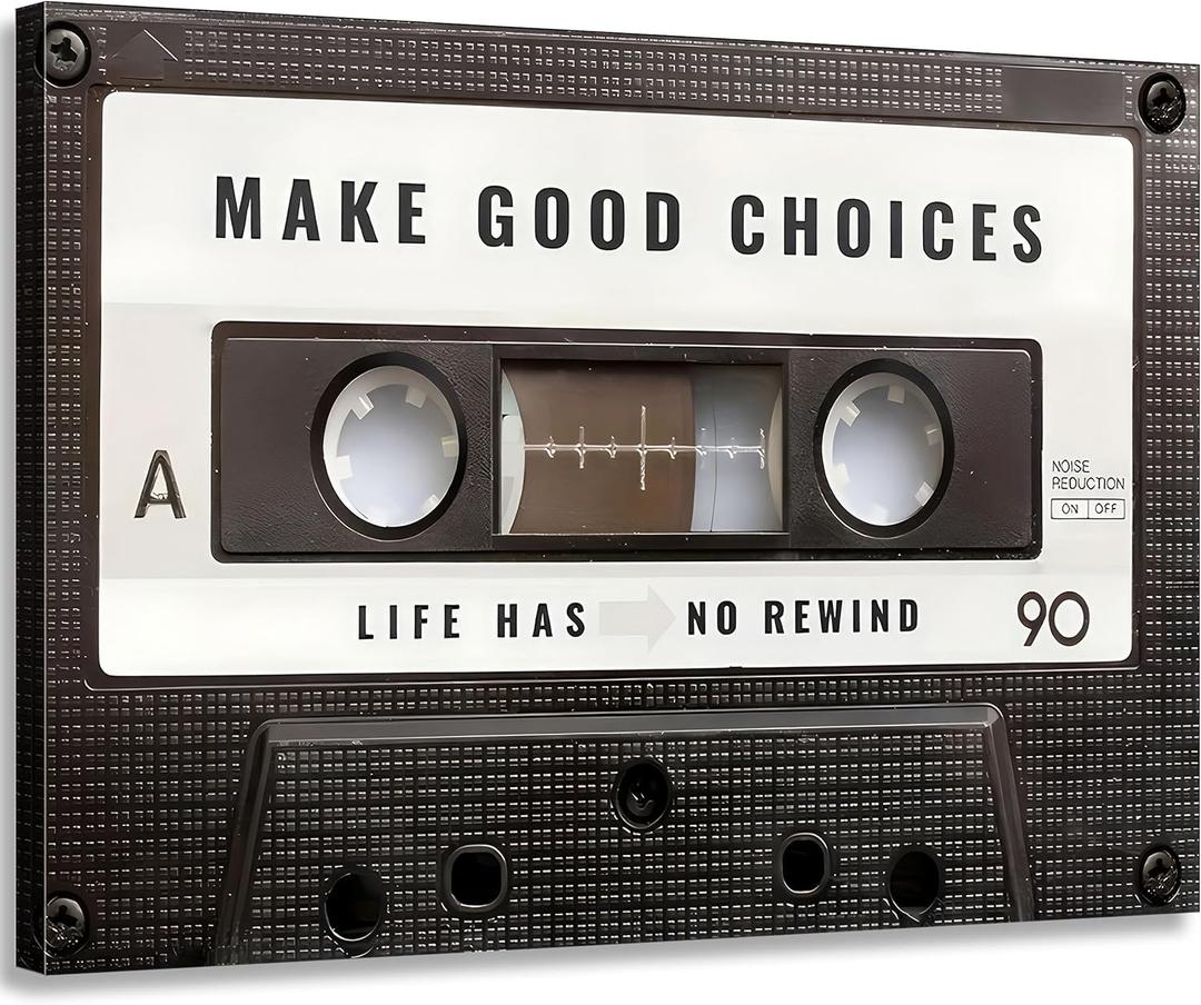 Inspirational Office Canvas Wall Art Picture Vintage Cassett Tape Prints Make Good Choices Life Has No Rewind Inspiring Artwork Motivational Wall Decor for Office Bedroom Living Room 12x16in Framed