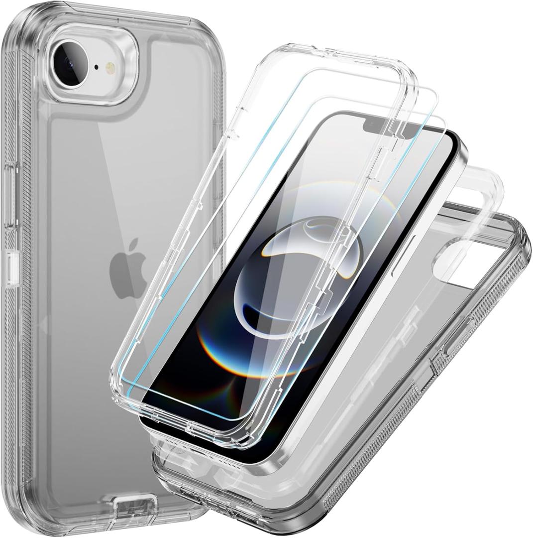 Compatible with iPhone 16e Case with HD Screen Protector, Heavy Duty Shockproof [3 in 1] Clear Phone Cases for iPhone 16e 6.1" (Black)