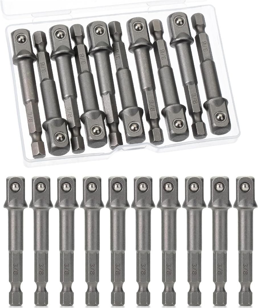Bates- Impact Adapter Square Socket Set, 10 pcs, 3/8" Square Tip, Drill Socket Adapter Set, Hex Impact Socket Adapter Set, Socket Adapter for Drill, 1/4" Hex Shank Impact Driver Socket Adapter