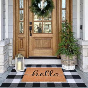 Front Door Mat Combo Set, Hello 100% Coco Coir Welcome Doormat + 28" x 43" Layered Buffalo Black and White Plaid Rug, Spring Thanksgiving Front Porch Entryway Decor Indoor Outdoor Floor Mats