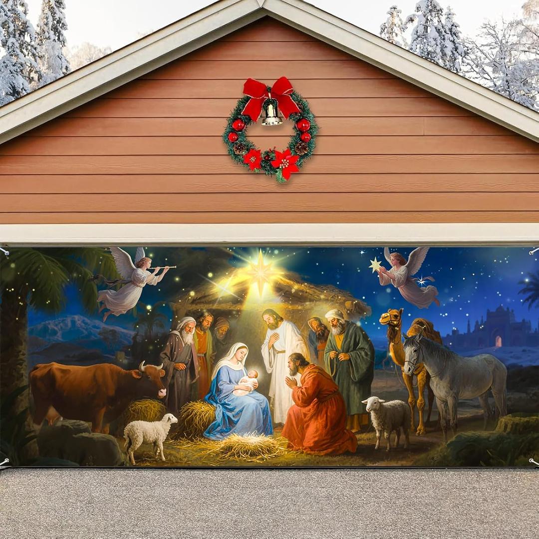 Christmas Wrap for Garage Door 7x16 FT - Nativity Scene Heavy Duty Banner Cover, Religious Backdrop for Outdoor Church & Xmas Party Supplies