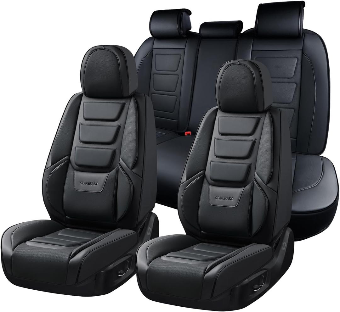 Coverado Car Seat Covers Full Set, Seat Covers for Cars, Front Seat Covers and Back Seat Cover Waterproof Leather Automotive Seat Cover, Universal Car Interior Protectors Cushion for Most Cars Black (FullSet, Black)