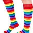 2 Pack Womens Knee High Socks Athletic Thin Stripes Tube High Stockings Outdoor Sport Sock Red Rainbow Stripes