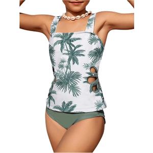 SOLY HUX Girl's Swimsuits Tropical Print Cutout Tankini Set 2 Piece Summer Bathing Suits (Green) 9Y