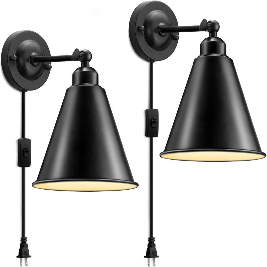 Plug in Wall Sconce, Metal Black Wall Sconce, Swing Arm Industrial Vintage Wall Lamp Fixture, Plug in Wall Light with On Off Switch E26 Base for Restaurants Headboard Bedroom Porch-2 Pack