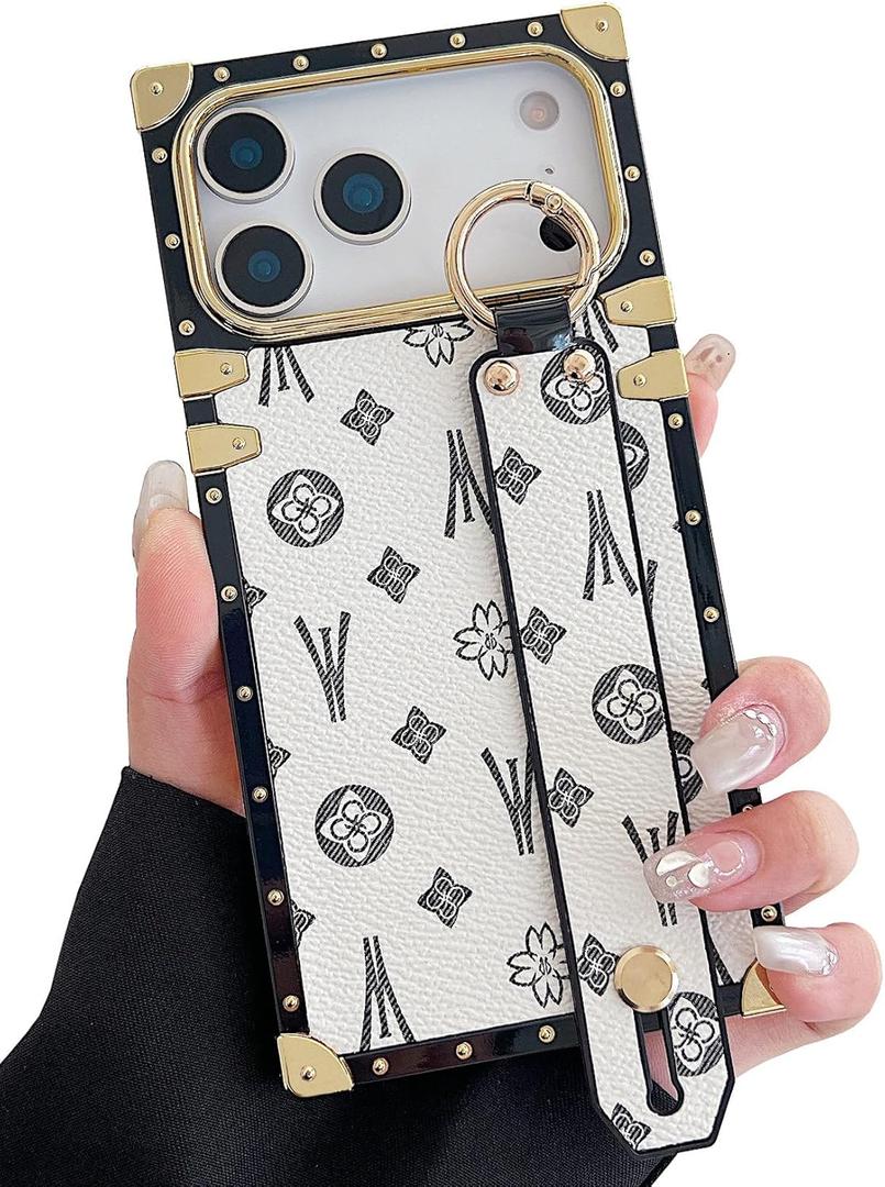 Compatible with iPhone 17 Pro Max Case Luxury Designer for Women Girls,Rectangle Leather with Wristband Strap Kickstand Holder Protective Cover for 17 Pro Max - 6.9 inch(White)