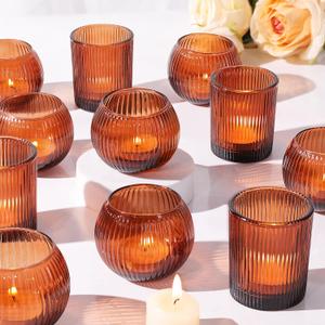 30pcs Assorted Ribbed Amber Votive Candle Holders, Amber Tea Lights Candle Holder for Wedding Decorations, Clear Glass Candle Holders for Fall Decor, Vintage Boho Party Home Table Centerpieces Decor