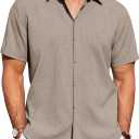 J.VER Men's Linen Shirts Casual Short Sleeve Button Down Shirt Beach Vacation Cruise Summer Wedding Cotton Tops (Beige, M)