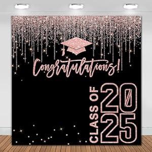 Fitumiw Class of 2025 Graduation Backdrop 6x6ft Rose Gold Congratulations Graduates Background Party Decorations Pink and Black 2025 Congrats Grad Banner Photo Booth Props