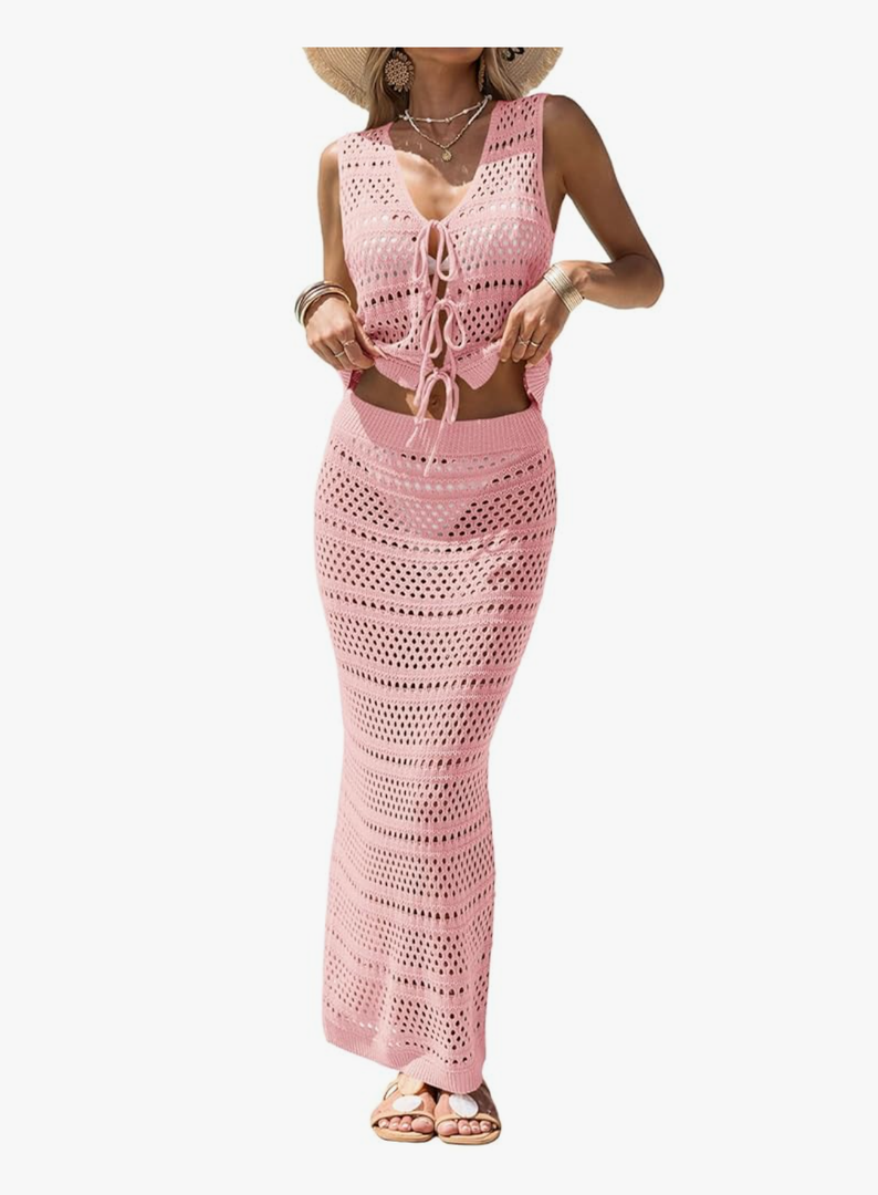 Fisoew Womens Summer Crochet Swim Cover Up 2 Piece Sleeveless Front Tie Crop Tops Beach Maxi Skirt Boho Coverup Set M, Pink