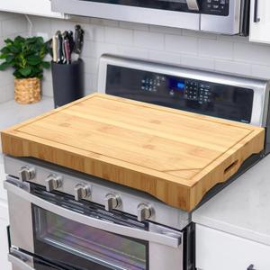 Stove Cover Board for Electric/Gas Stovetop, Bamboo Wood Cutting Board & Stove Top Covers for RV Gas Burners/Gas Stovetop, Bamboo Noodle Cutting Board with Handle Extra Kitchen Counter Space