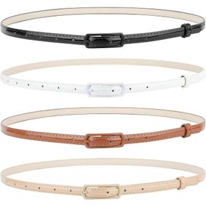 SUOSDEY 4 Pack Thin Belts for Women Skinny Leather Belts with Metal Buckle for Dresses Pants Jeans (Fit waist size 23"-27", 1-black+white+brown+beige)