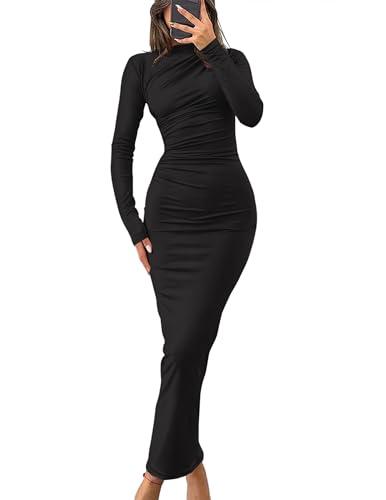 ZESICA Women's Fall 2025 Long Sleeve Bodycon Maxi Dresses Sexy Ruched Crew Neck Slim Fit Cocktail Party Dress,Black,Large. Size L.