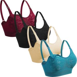 GXXGE 4Pack Nursing Bra for Breastfeeding Maternity Bras Push Up Silk Seamless Pregnancy Bralette Underwear (Small, Jacquard(black Beige Rosered Blue))