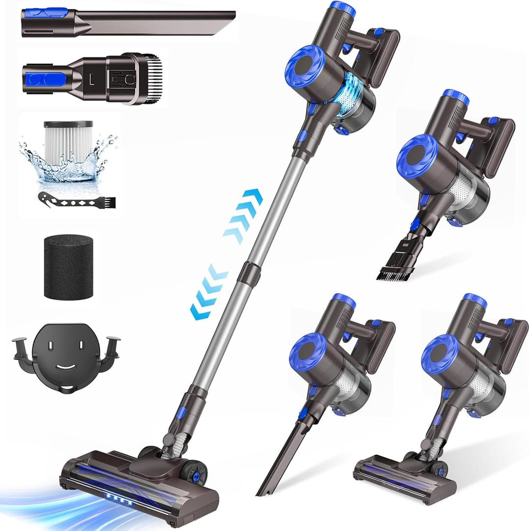 Cordless Vacuum Cleaner, Super Power Suction Stick Vacuum Cleaners with 2200 mAh Battery,8-in-1 Lightweight Self-Standing, 35 Mins Runtime for Home Hard Floor Low-Pile Carpet Pet Hair (Blue)