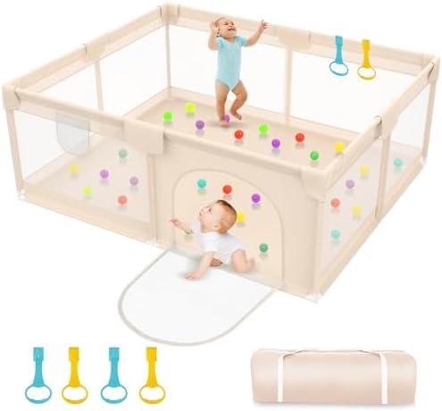 Abdtech Playpen for Babies and Toddlers 79x71inch - Extra Large Baby Gate Play Pen with Soft Breathable Mesh Cover - Indoor and Outdoor Baby Playard - Portable Playpen for Babies (Apricot)