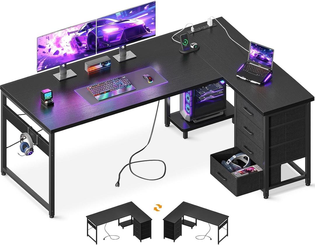 AODK L Shaped Gaming Desk with 4 Drawers, 61" Reversible Home Office Desks with Power Outlets, L Shaped Computer Desk with USB Charging Port and Host Stand, Corner Desk, Easy to Assemble, Black