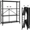 39.4" Wide 4-Tier Foldable Storage Shelves with 4 Wheels & 20 Hooks, Heavy Duty Metal Folding Shelf Unit, No Assembly, Adjustable 3rd Shelf for Kitchen, Garage, Pantry, Bookshelf, Black